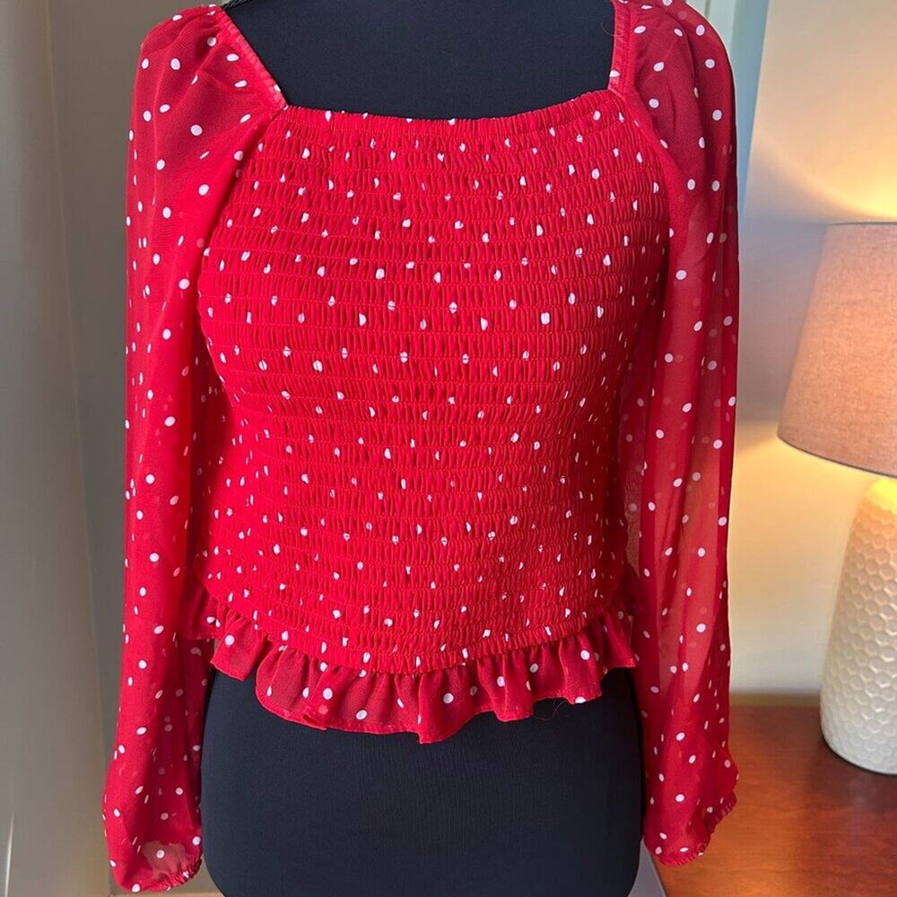 Art Class Smocked Long Sleeve Red with White Dots Top